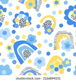 Impresiones de diseño en audaz arcoiris en colores de verano. Flor de margarita abstracta, patrón mínimo de arco iris doodle sin fisuras. El entorno de los niños decorativos. Ilustración vectorial para envoltura, textil, tela, papel tapizado