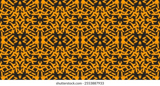 Trendy bold, symmetrical seamless pattern with orange calligraphic elements isolated on a black background. Dynamic and elegant, it's perfect for textiles, wallpapers, or modern branding projects