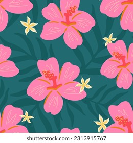 Trendy bold tropical seamless pattern. Pink and yellow tropical flowers and palm leaves on solid emerald. Repeatable vector pattern for cover, cases, wallpaper, prints, wrapping, textile