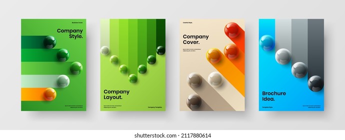 Trendy book cover A4 design vector illustration collection. Premium realistic spheres handbill concept composition.