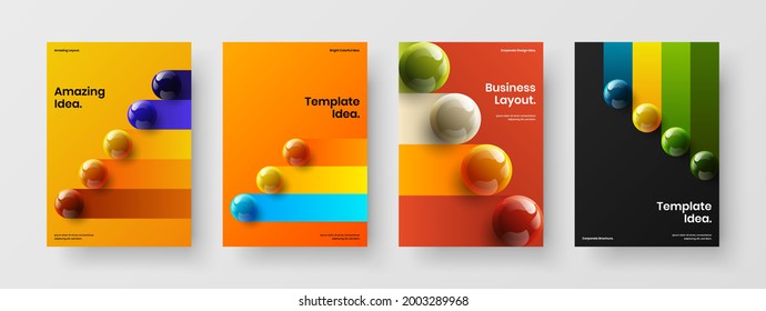 Trendy book cover design vector concept set. Original realistic balls pamphlet template bundle.