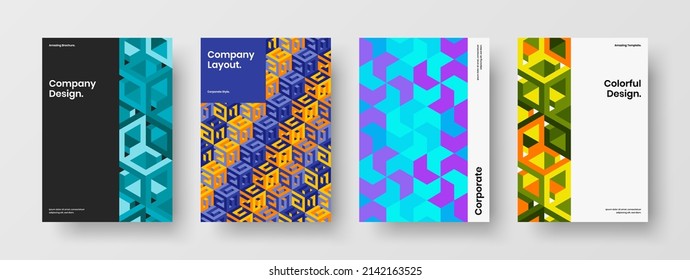 Trendy book cover vector design template bundle. Creative mosaic hexagons handbill layout composition.