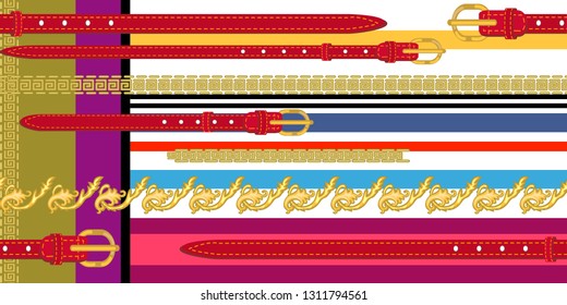 	
Trendy border with baroque motifs. Seamless vector pattern with golden chains, red belts and other decorative elements. Women fashion collection. Purple, golden, white.