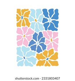 Trendy botanic vector illustration in pink, yellow, blue colors with wavy flowers in matisse style. Groovy abstract bouquet for poster, card, print, textile.