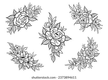 Trendy botanical elements, Hand drawn line leaves branches and blooming