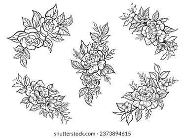 Trendy botanical elements, Hand drawn line leaves branches and blooming