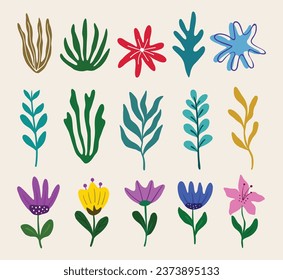 Trendy botanical elements, Hand drawn line leaves branches and blooming