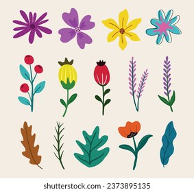Trendy botanical elements, Hand drawn line leaves branches and blooming