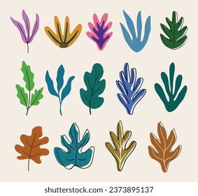 Trendy botanical elements, Hand drawn line leaves branches and blooming