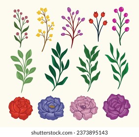 Trendy botanical elements, Hand drawn line leaves branches and blooming