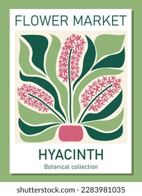 Trendy botanical wall art of hyacinth. Flower market poster concept template perfect for postcards, wall art, banner. Modern naive groovy funky interior decorations, paintings. Vector print