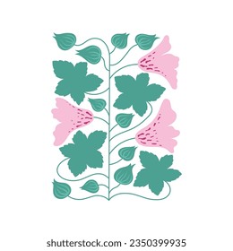 Trendy botanical wall art with Mallow rose, leaves, buds. Abstract vector illustration for card, poster.
