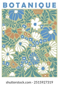 Cartaz de arte de parede botânica trendy com design floral em cores pastel dinamarquês. Moderna ingênua groovy funky decorações interiores, pinturas. Cartaz estilo Fauvismo Matisse.