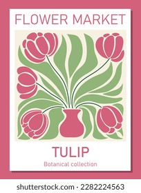 Trendy botanical wall art of tulips. Flower market poster concept template perfect for postcards, wall art, banner. Modern naive groovy funky interior decorations, paintings. Vector print