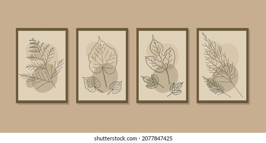 Trendy Botanical wall art vector set. Foliage line art drawing with abstract shape. 
Abstract leaf Art design for print, cover, wallpaper, Minimal and natural wall art.Vector illustration.
With brown 