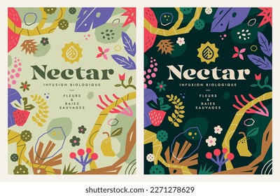 Trendy botanical wall arts with floral design. Bucolic posters, covers or packagings with flowers, wild berries, branches, twigs, leaves, fruits, plants, foliage and petals. Flat vector illustrations.