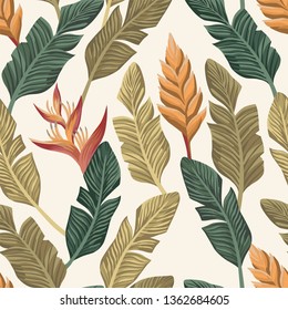 Trendy botanical wallpaper from realistic vector banana leaves and tropical flowers seamless pattern on the white background