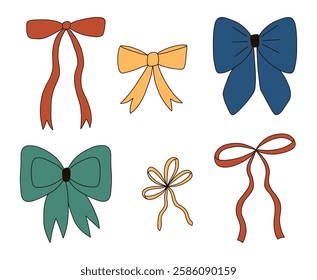 Trendy bow doodle set. Cute aesthetic red, yellow, blue, green ribbons with brown outline. Template for banner, packaging, postcard, website. Hand drawn illustration isolated on white background.