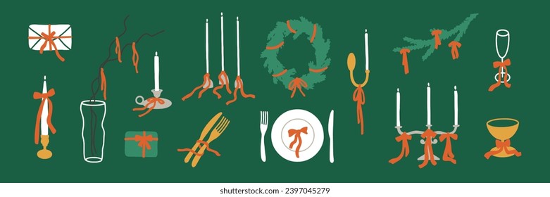 Trendy bow knot vector illustration. Set of decorative elements dressed up red velvet bows, ribbon. Christmas tree wreath, candle holder icon, wineglass, cutlery, gift. New year home decor accessories