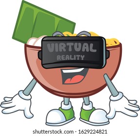 Trendy bowl of noodle character wearing Virtual reality headset