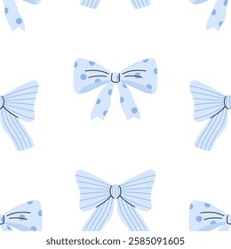 Trendy bows seamless pattern. Elegant whimsical hand drawn blue color bows. Ribbons in trendy, vintage style. Perfect for quirky holiday, wedding, birthday decorations.