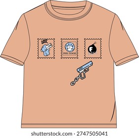 Trendy boys T-shirt design featuring playful stamp-style graphics including a cartoon character, “Feel Good” typography, and urban street elements. Creative modern illustration with casual streetwear style perfect for kids fashion and youth apparel. Ideal for boys clothing, graphic tees, print-on-demand merchandise, and trendy casual outfits. High-quality vector artwork suitable for stock photography websites, apparel printing, and modern streetwear fashion designs.