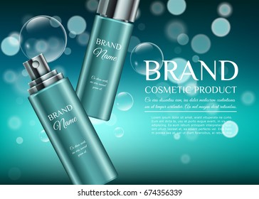 Trendy Brand Cosmetic illustration. A beautiful templates for ads, two realistic 3d blue cosmetic bottle on a blue bokeh background with water bubbles ready for design and print. 