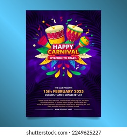 Trendy Brazilian Carnival Flyer with colorful elements and dark blue background