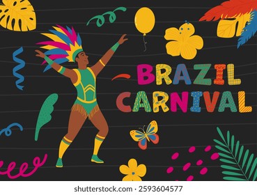 Trendy Brazilian carnival vector poster with dancing man, flowers, naive doodle shapes. Modern illustration in hand drawn style.