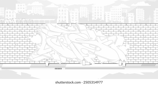Trendy Brick Wall With Street Art Graffiti Drawing Coloring Page With Background Of The Cityscape