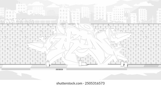 Trendy Brick Wall With Street Art Graffiti Drawing Coloring Page With Background Of The Cityscape