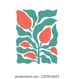 Trendy bright abstract floral print, wall art, poster. Bold red flowers around foliage.