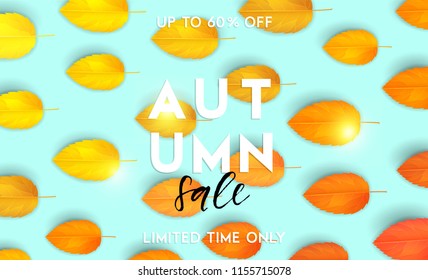 Trendy and bright autumn background with realistic yellow gold orange leaves. Gradient futuristic background. Minimalistic style. Sale banner template Fall seasonal poster or card Vector illustration