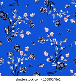 Trendy bright Blooming Meadows flowers Seamless repeat pattern with  hand brush sketch on electric blue background. Hand drawn fabric, gift wrap, wall art design
