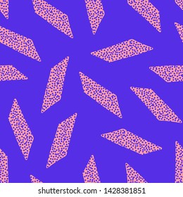 Trendy bright blue seamless pattern with pink doodle dotted geometric shapes. Abstract fashion vector texture with hand drawn elements for textile, wrapping paper, surface, background, wallpaper