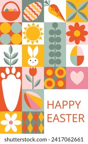 Trendy bright celebration card of Happy Easter. Modern simply design in geometric style. Stylized shapes of eggs, rabbit, herbs. Creative concept for poster, banner, invitation, branding, cover.