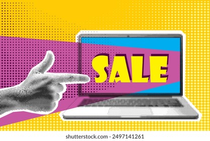 Trendy bright Collage with hand pointing to Sale on laptop. Contemporary art. Vector