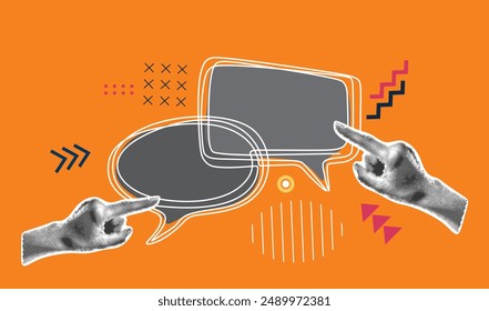 Trendy bright Collage with hands pointing to a speech bubble drawn in a continuous one line. Social media communication. Contemporary art. Empty space for quote, plan and idea. Vector
