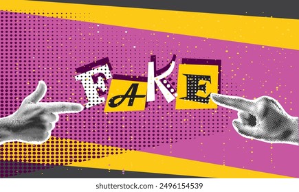 Trendy bright Collage with hands pointing to a fake news.. Contemporary art. Vector