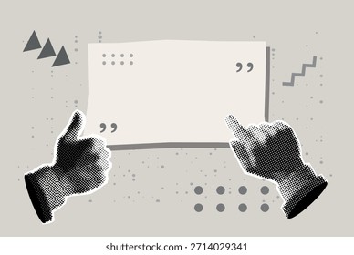 Collage de moda brillante con las manos apuntando a una burbuja de discurso. Comunicación en redes sociales. Arte contemporáneo. Espacio vacío para cita, Plan e idea. Vector	