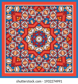 Trendy bright color mandala pattern in white red pink blue for decoration, paper, tiles, textiles, carpet, pillows. Home decor, interior design, cloth design. Frame.