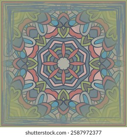 Trendy bright color mandala pattern in green blue pink red for decoration, paper, tiles, textiles, carpet, pillows. Home decor, interior design, cloth design. Frame.