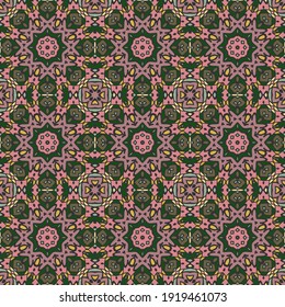 Trendy bright color seamless mandala pattern in pink green for decoration, paper, tiles, textiles, carpet, pillows. Home decor, interior design, cloth design.
