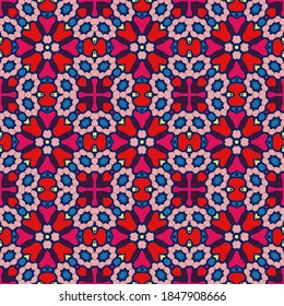 Trendy bright color seamless pattern in red pink blue for decoration, paper, tiles, textiles, carpet, pillows. Home decor, interior design, cloth design.