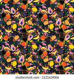 Trendy bright colors of summer fruits, Mixed fruits strawberries,Berries,pineapples,bananas,papaya brush strokes, seamless pattern vector, fashion design, fabric, wallpaper,wrap and all prints