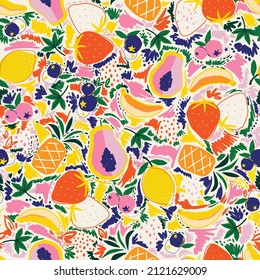 Trendy bright colors of summer fruits, Mixed fruits strawberries,Berries,pineapples,bananas,papaya brush strokes, seamless pattern vector, fashion design, fabric, wallpaper,wrap and all prints.