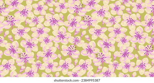 Trendy bright ditsy flowers seamless pattern. Vector hand drawn sketch. Colorful purple floral brush texture print. Template for design