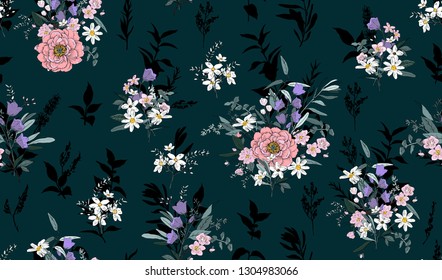 Trendy bright Floral pattern in the many kind of flowers. Botanical Motifs scattered random. Seamless vector texture. For fashions. Silhouettes of a shadow of plants.