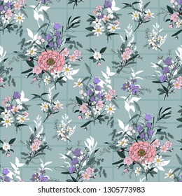Trendy bright Floral pattern in the many kind of flowers. Botanical Motifs scattered random. Seamless vector texture. For fashions. Silhouettes of a shadow of plants.