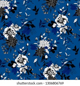 Trendy bright Floral pattern in the many kind of flowers. Botanical Motifs scattered random. Seamless vector texture. For fashions. Silhouettes of a shadow of plants